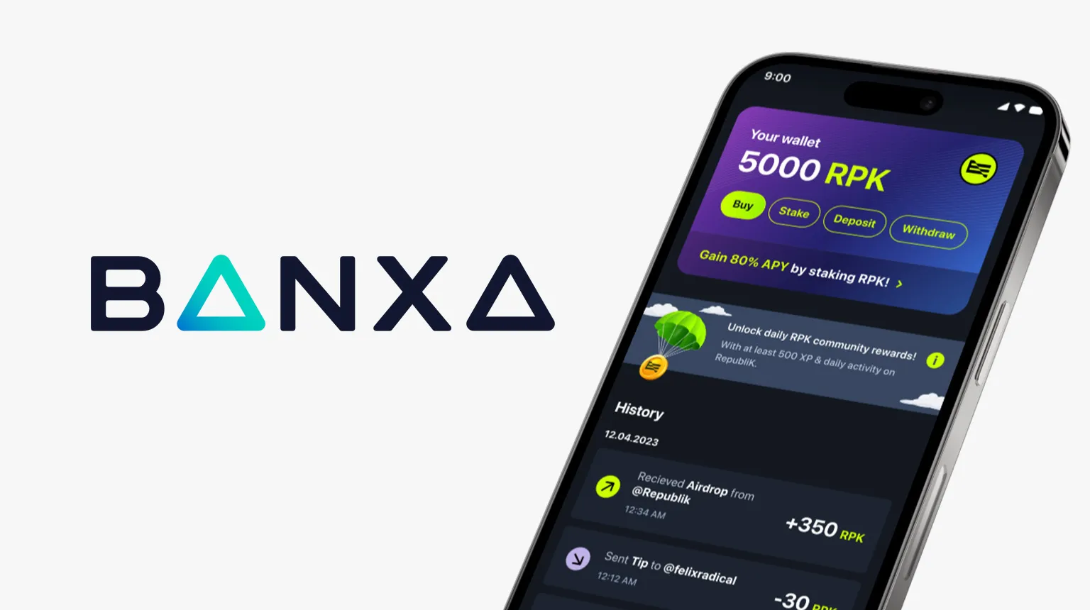 Graphic with BANXA logo and showing RepubliK app mobile user interface